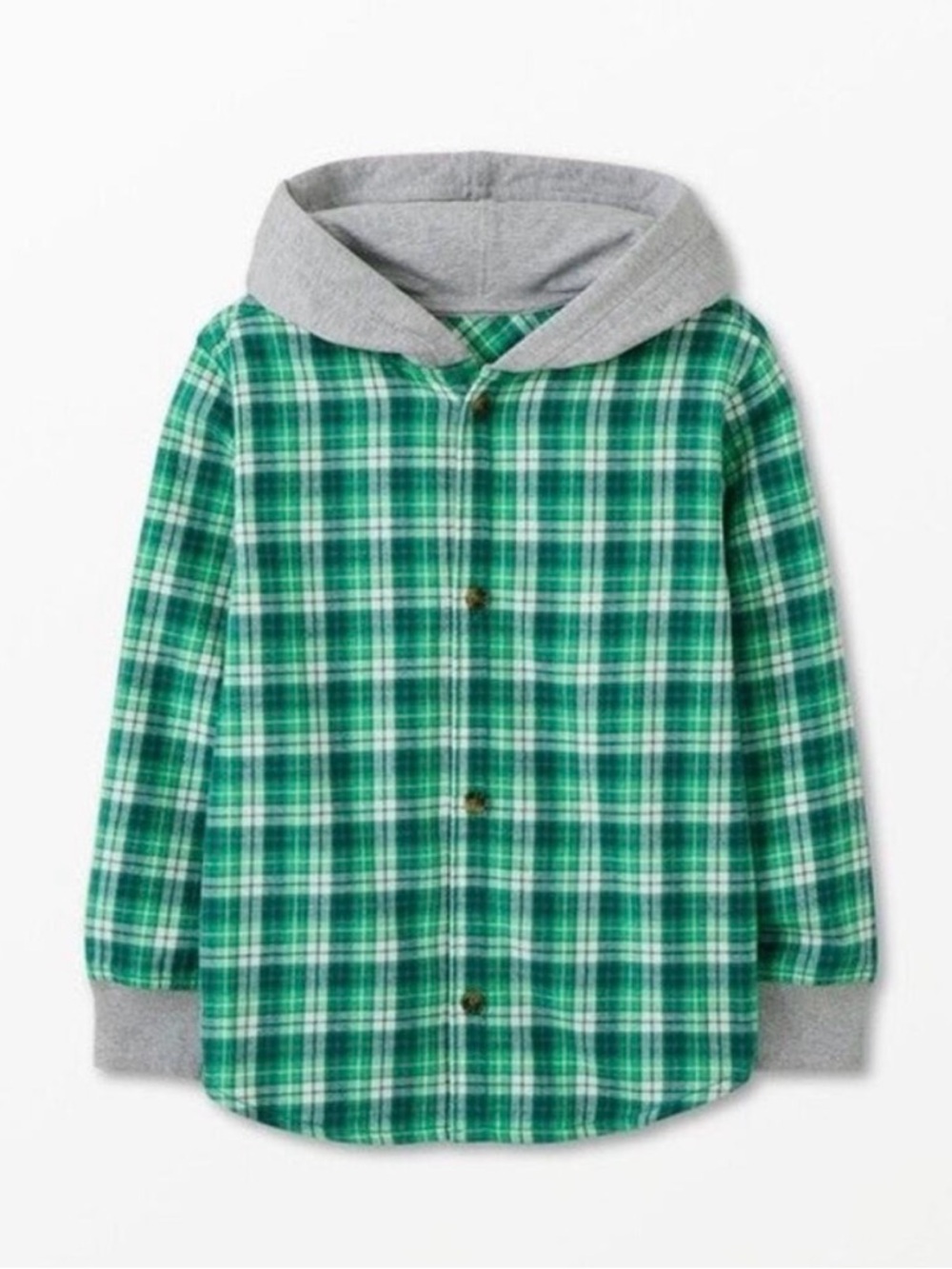 Hanna Andersson Green Plaid Hooded Button Down Shirt 8 Medium Boys Girls